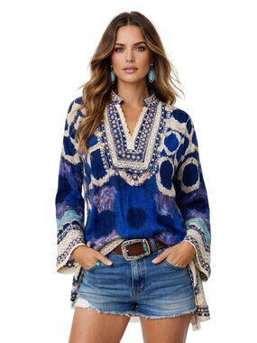 Life Style Boho Embroidery Long Tunic Top Lace Blue Beige Organic Cotton L Artsy